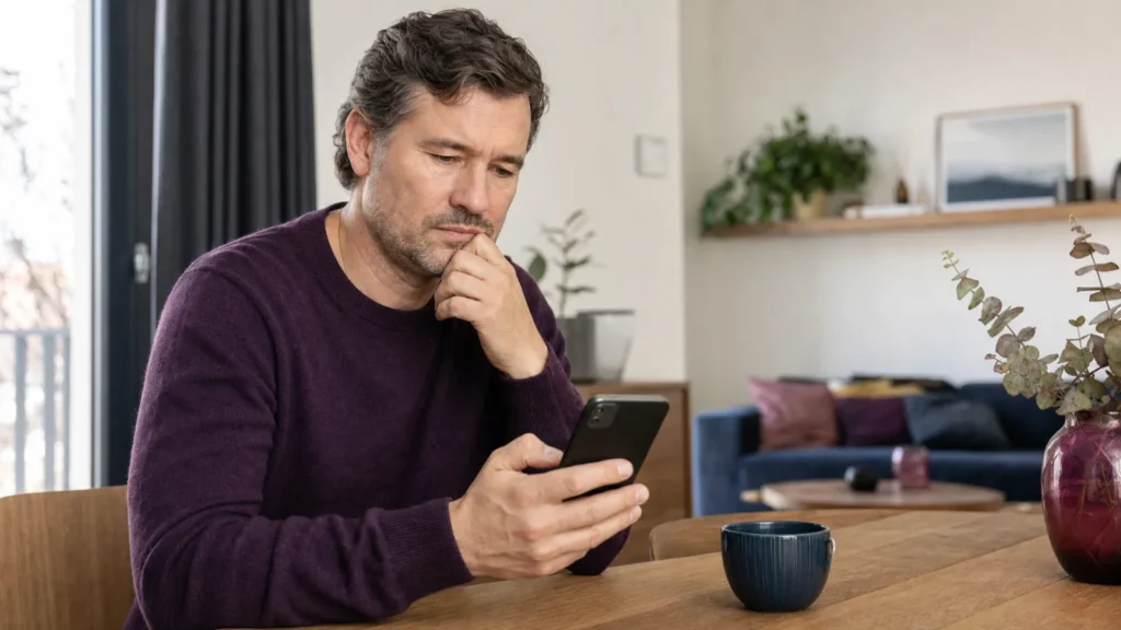 Muž si pozorně kontroluje profil na online seznamce