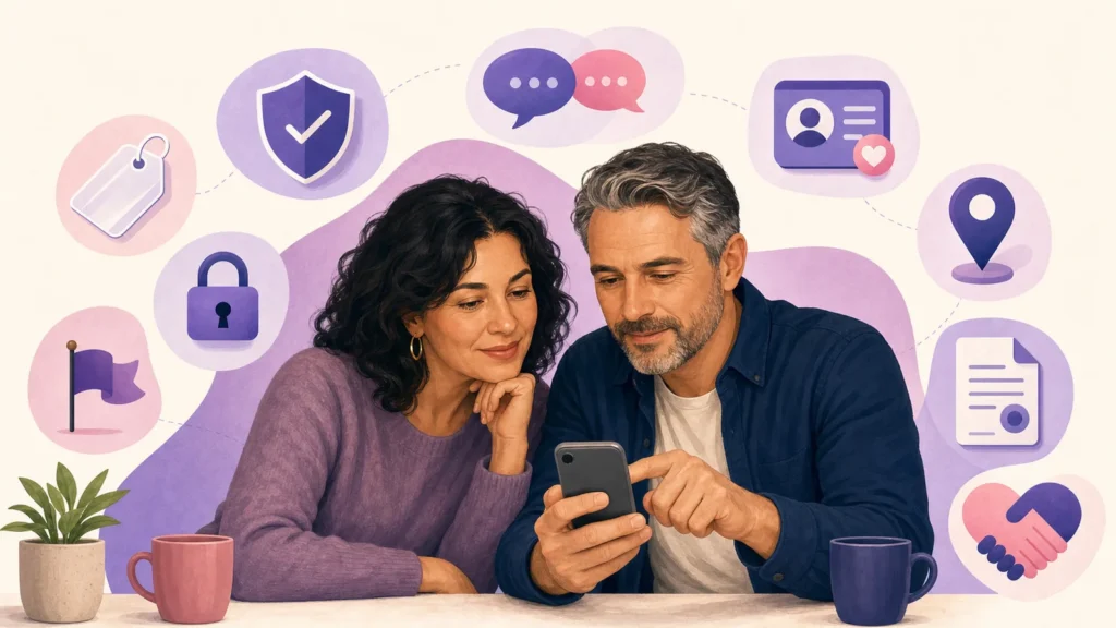 Dva dospělí porovnávají bezpečnost, cenu a soukromí online seznamky