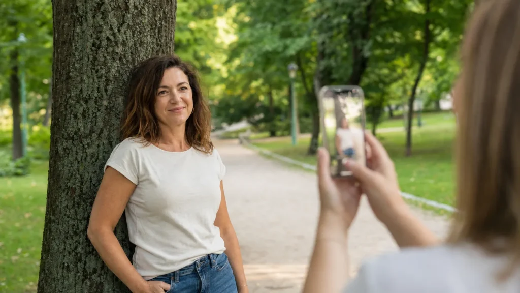 Kamarádka fotografuje přirozenou profilovou fotku na seznamku